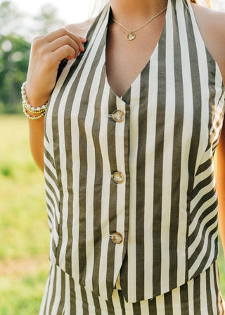 Brown Striped Pleated Vest Dress