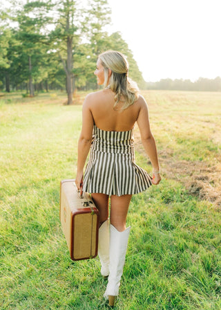 Brown Striped Pleated Vest Dress