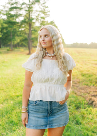 White Peplum Puff Sleeve Blouse