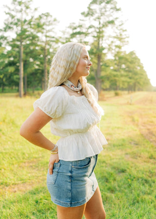 White Peplum Puff Sleeve Blouse