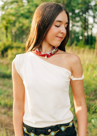 Cream Twist Draped Shoulder Top