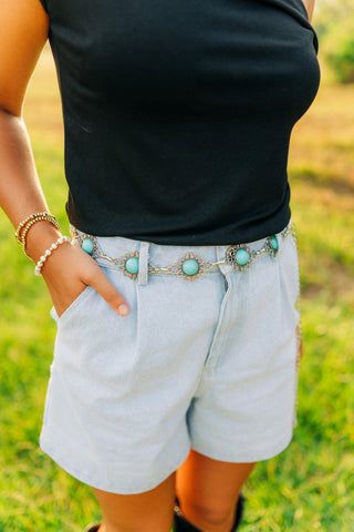 Turquoise Detail Silver Chain Belt