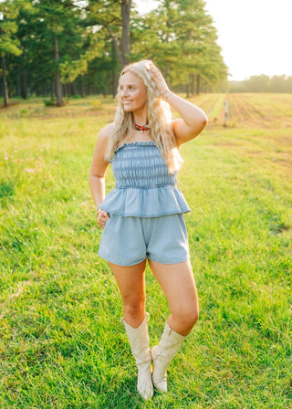 Smocked Strapless Denim Romper