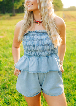 Smocked Strapless Denim Romper