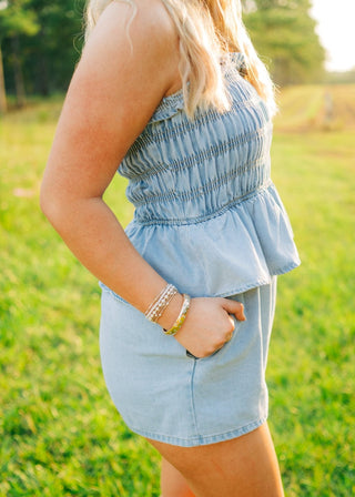 Smocked Strapless Denim Romper