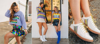 Women modeling Mardi Gras Tops, Skorts and Mardi Gras sneakers & boots from Select Trends Boutque.