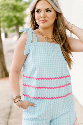 Mint gingham shoulder tie square neck top with  pink ricrac trim.