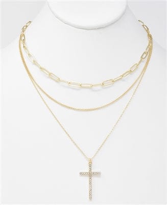 Gold Triple Layer Rhinestone Cross Necklace