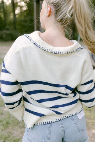 Navy & Cream Stripe Collared Sweater