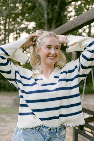 Navy & Cream Stripe Collared Sweater