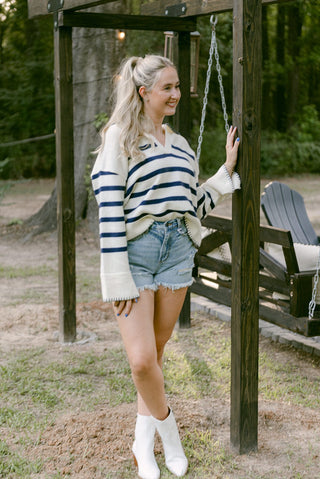 Navy & Cream Stripe Collared Sweater