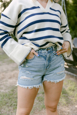 Navy & Cream Stripe Collared Sweater