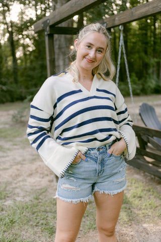 Navy & Cream Stripe Collared Sweater