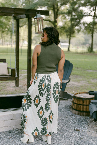 Olive Floral Pleated Midi Dress