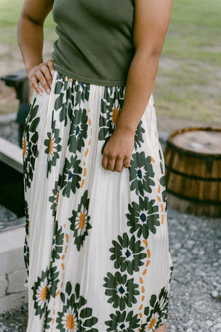 Olive Floral Pleated Midi Dress