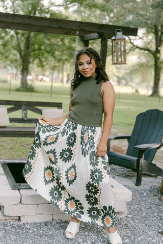 Olive Floral Pleated Midi Dress