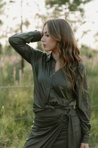 Olive Shimmer Set Button Down Top