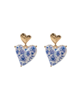 Gold drop earrings with heart shaped pearl and blue floral detailing.