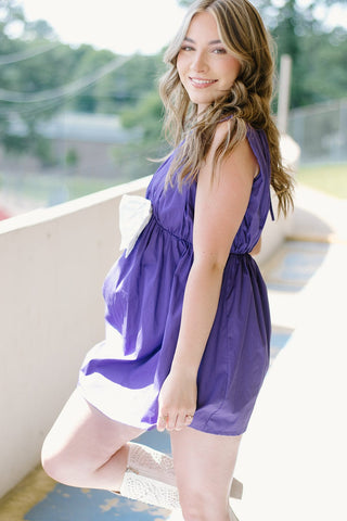 Purple Bow Front Romper Dress