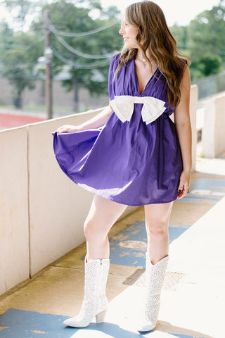 Purple Bow Front Romper Dress