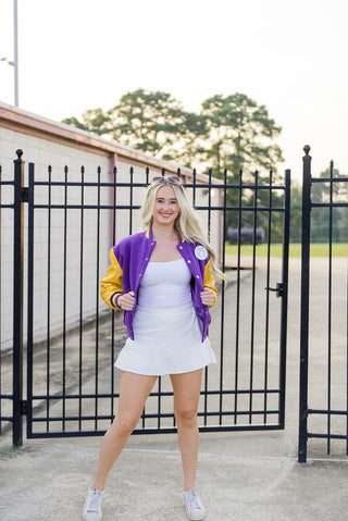 Purple & Gold Varsity Bomber Jacket