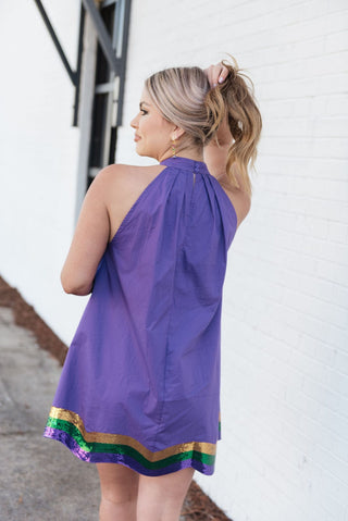 Purple Mardi Gras Wave Halter Dress