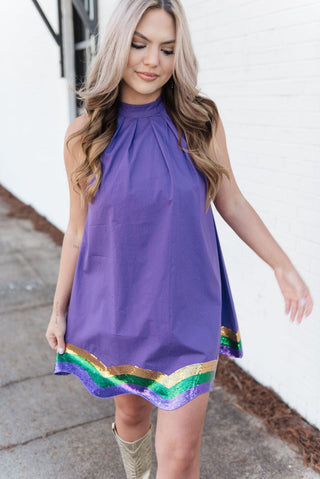 Purple Mardi Gras Wave Halter Dress