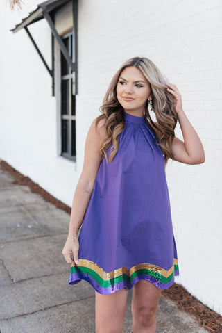 Purple Mardi Gras Wave Halter Dress