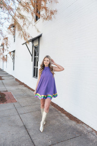 Purple Mardi Gras Wave Halter Dress