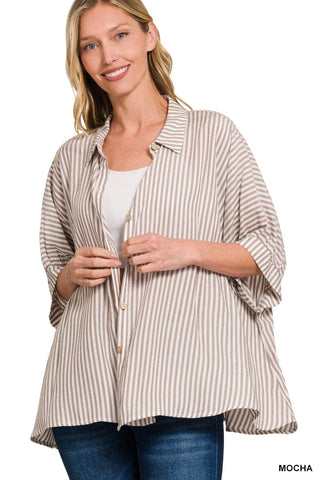 Mocha Striped Short Sleeve Blouse