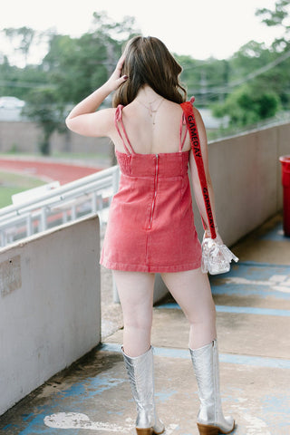 Red Denim Tie Strap Romper Dress