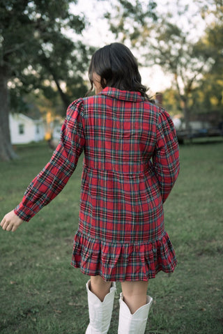 Red Plaid Tiered Shirt Dress