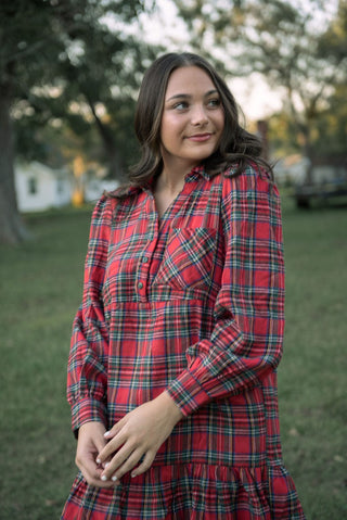 Red Plaid Tiered Shirt Dress