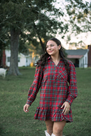 Red Plaid Tiered Shirt Dress