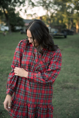 Red Plaid Tiered Shirt Dress