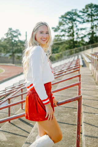 Red Shimmer Smocked Shorts