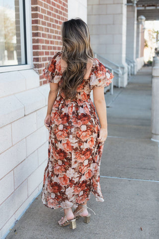 Rust Floral Puff Sleeve Midi Dress