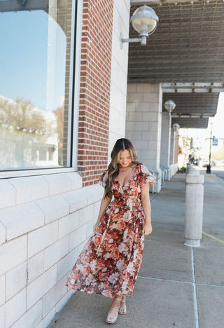 Rust Floral Puff Sleeve Midi Dress