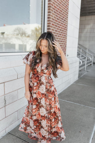 Rust Floral Puff Sleeve Midi Dress