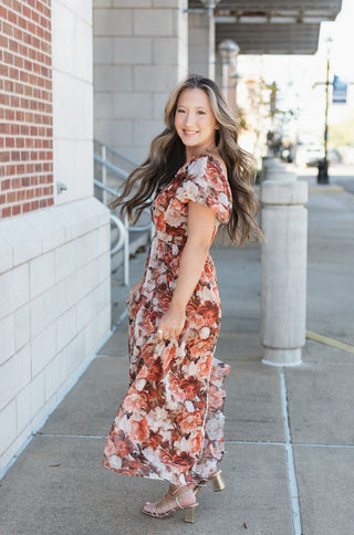 Rust Floral Puff Sleeve Midi Dress