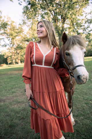 Rust Lace Detail Tiered Maxi Dress