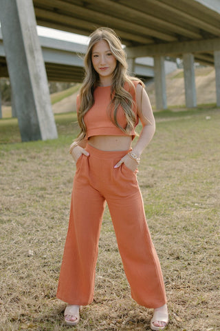 Rust Linen Set High Waist Pants