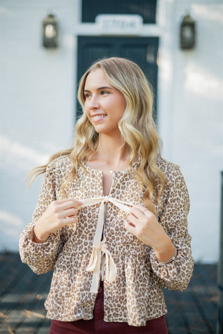 Leopard Velvet Tie Front Blouse