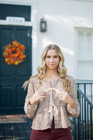 Leopard Velvet Tie Front Blouse