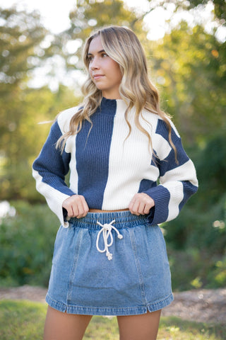 Navy Colorblock Mock Neck Sweater