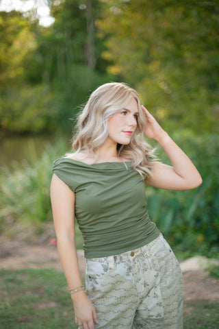Olive Off Shoulder Ruched Top