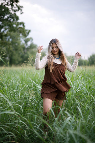 Brown Shoulder Tie Ruffle Romper