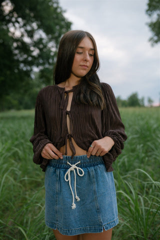 Brown Tie Front Long Sleeve Blouse