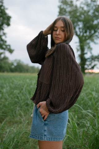 Brown Tie Front Long Sleeve Blouse