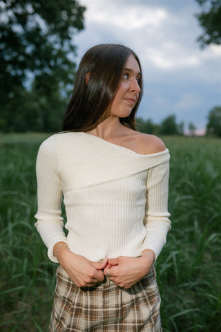 Cream Draped Shoulder Sweater Top